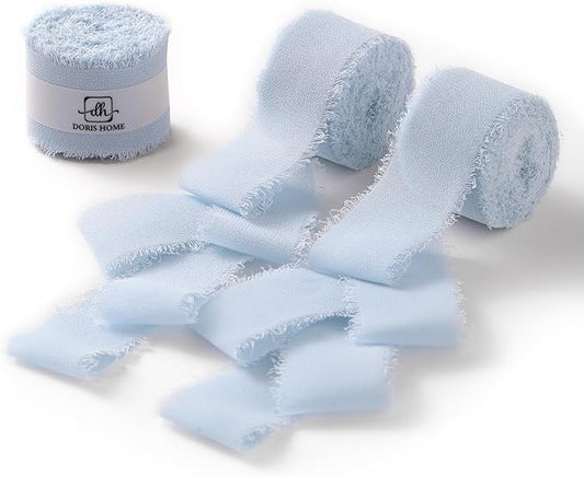 DORIS HOME Baby Blue Chiffon Ribbon for Flower Bouquet, 1" x21Yd Fabric Ribbon for Gift Wrapping, Handmade Frayed Ribbon for Wedding Invitations/Christmas Decorations