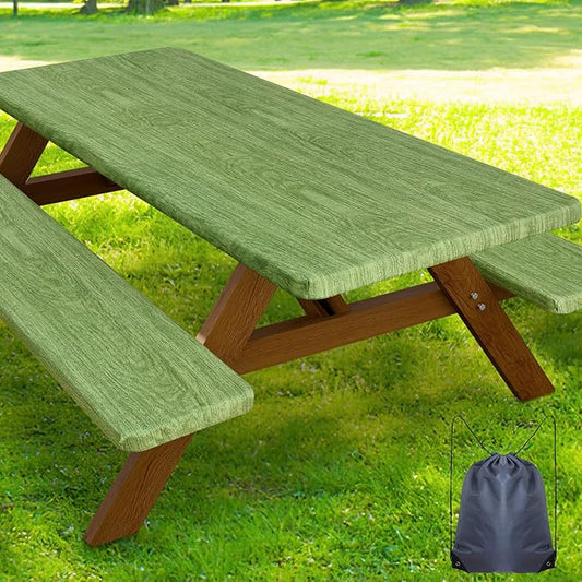 Smiry Picnic Table Cover with Bench Covers, Waterproof Elastic Fitted Tablecloth for 6 Foot Tables, Washable Polyester Tablecloths for Camping, Indoor & Outdoor (Green & Black, 30x72 Inch 3-pc Set)