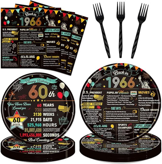 Vintage 60th Birthday Plates and Napkins, 96PCS 60th Birthday Party Decorations Supplies for Women Men, Back in 1966 Cheers to 60 Years Disposable Tableware Set Serve 24