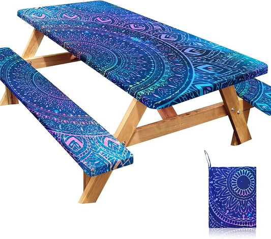 Picnic Table Cover with Bench Covers Windproof Waterproof Picnic Table Covers Camping Tablecloth with Self-Storage Bag, 72in, Deep Blue