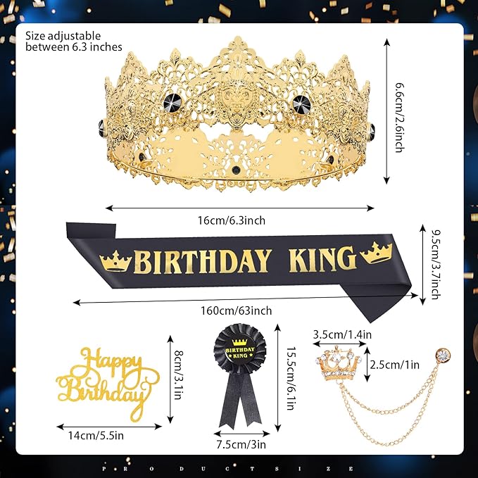 Junkin 5 Pieces Birthday Man Accessories Include King Crown King Sash Tinplate Badge Pin Brooch Hanging Chain Crown for Man Birthday Party(Stylish Style,Small)