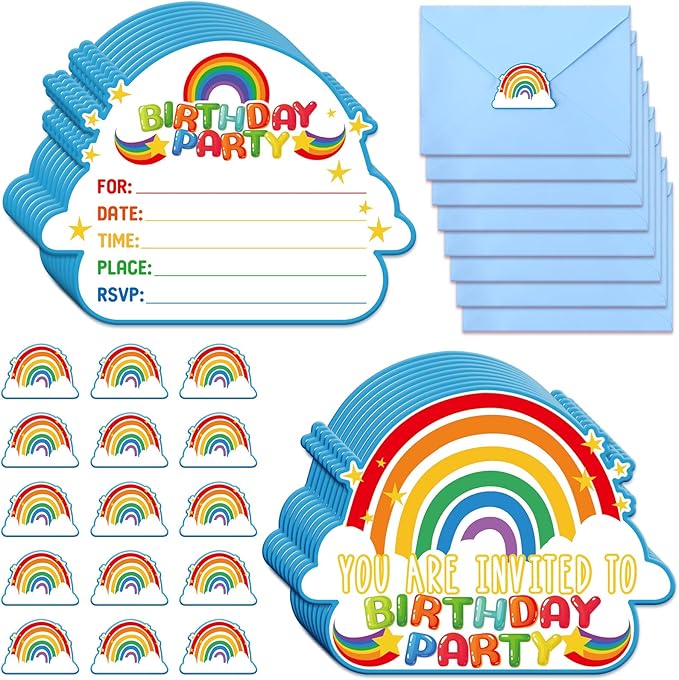 Hotop 24 Sets Rainbow Birthday Invitations with Envelopes and Stickers FOR GIRLS Party Invitations for Kids Birthday Baby Shower Party