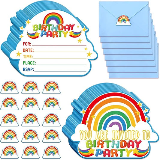 Hotop 24 Sets Rainbow Birthday Invitations with Envelopes and Stickers FOR GIRLS Party Invitations for Kids Birthday Baby Shower Party