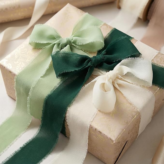 Frayed Edge Chiffon Ribbon 3 Pack, 1.5 Inch Wide Polyester Ribbon, 21 Yards Total in Dark Green, Beige and Pea Green for Wedding Bouquet Wrapping, Gift Decoration and Crafts