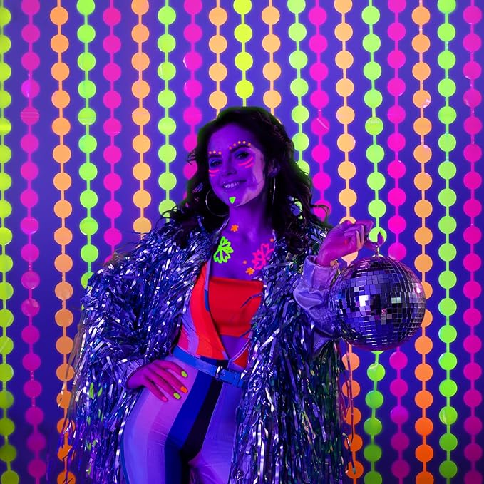 Mega-L Glow In The Dark Party Supplies, 2 Pack Neon Round Party Decorations 3.3 x 6.6 ft Fuchsia, Yellow and Orange Tinsel Foil Fringe Curtains, Photo Booth Prop Backdrop Streamer New Year Party Decor