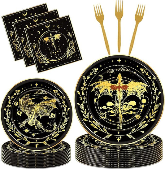 Dragon Birthday Party Decorations - 96 Pcs Black Gold Disposable Paper Dessert Plates Napkins Forks Tableware Set Magical Dragons Theme Decor Supplies for Kids Boys Girls Serves 24 Guests