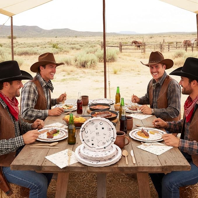 AmazingSpark 122 Pcs Cowboy Paper Plates and Napkins Forks Western Birthday Supplies First Rodeo Bachelorette Party Plates Cowboy Ranch Tableware Set for Kids Boys Baby Shower Decorations, Serve 24