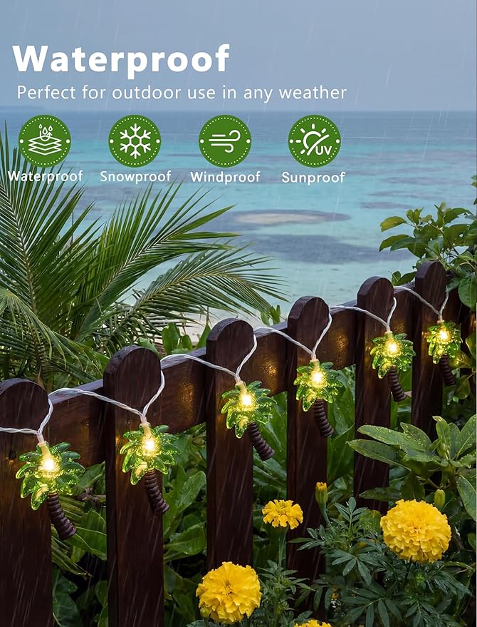 12Ft Summer Beach Hawaiian String Lights - 20 LED Palm Tree Lights for Luau Pool Decor, Hawaii Theme Summer Outdoor Indoor Tropical Party Decorations