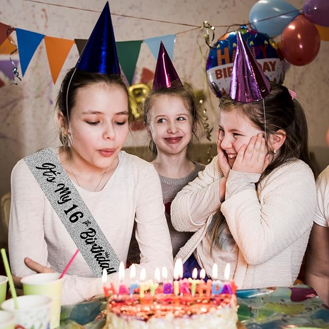 It's My16th Birthday Sliver Sash - Sparkling Sweet Sixteen Birthday Satin Sash for Girl - 16 Years Old Party Decorations