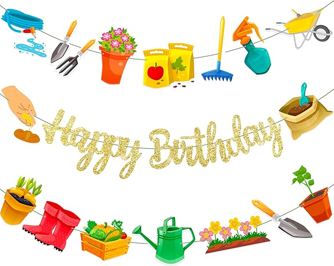Garden Birthday Party Decorations 3Pcs Gardening Tool Theme Banner Garlands Gardening Birthday Hanging Decorations for Spring Theme Party Supplies