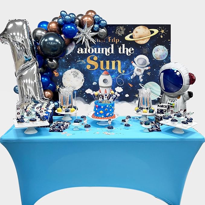 Mocsicka First Trip Around The Sun Birthday Backdrop for Boy Outer Space Sun 1st Birthday Party Decoration Galaxy Blast Off Moon Planets Rocket 1st Trip Around The Sun Cake Table Banner(82''x60'')