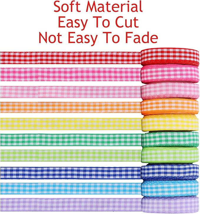 TONIFUL 3/8 Inch Gingham Ribbon 10 Colors 50 Yards Plaid Checkered Ribbons for Spring, Easter, Crafts, Gift Wrapping, Bouquet, Wedding Invitation, Bows, Baby Shower, Birthday Decoration (5Yd/Roll