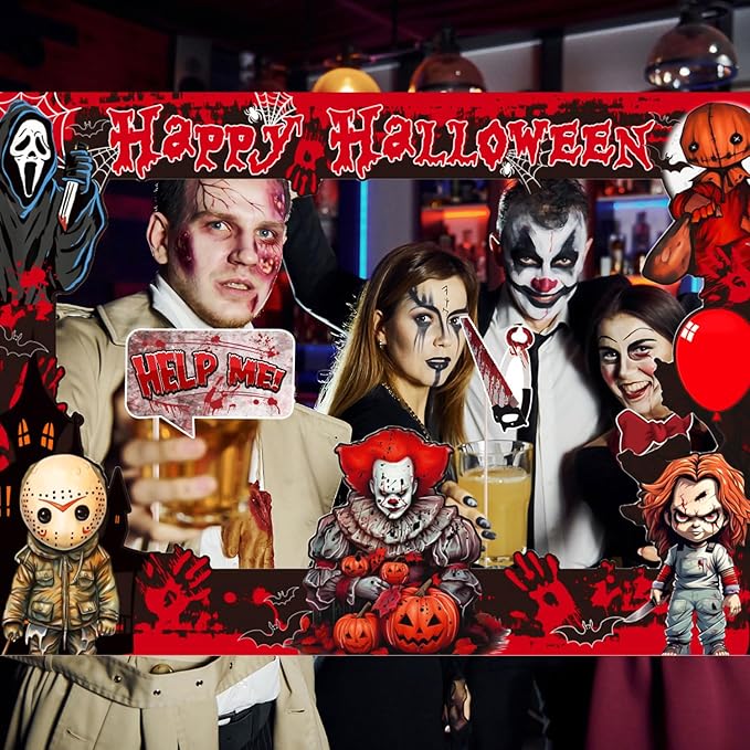 Halloween Photo Booth Props Kit, 16PCS Photo Props & Selfie Frame Halloween Party Decoration Supplies Dress Up Party Costumes Accessories for Photoshoot Selfie Props (Red)