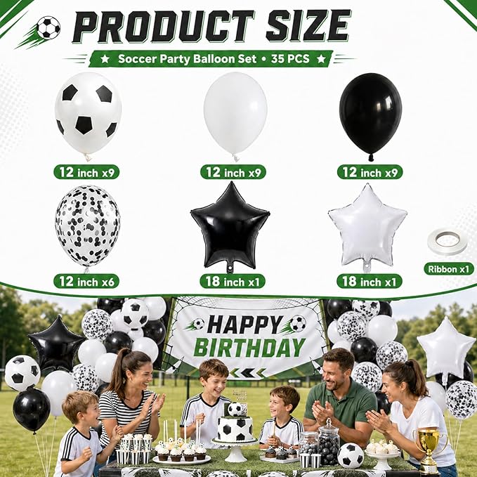 Soccer Balloons, 12Inch Black White Soccer Printed Latex Balloons, 18 Inch Black and White Star Foil Balloon with Confetti Helium Balloon for Sport Football Theme Boy Men Birthday Party Decorations