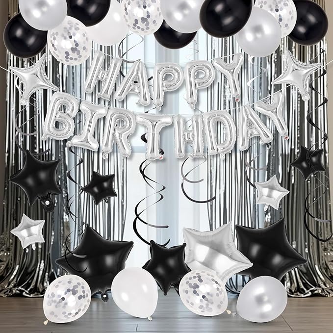55 Pcs Happy Birthday Balloons Letters Banner with 35 Pcs Star Foil Balloon, 20 Pcs Latex Balloons, 6 Hanging Swirls for Women Men Boys Girls Birthday Party Decorations Set ﻿ (Silver)
