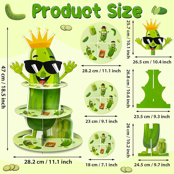 Haooryx Pickle Party Cake Stand - 3 Tier Green Cucumber Cupcake Tower Cardboard Dessert Table Holder Pastry Platter Kid Pickle Birthday Decorations Summer Baby Shower Cake Pop Display Stand Decorating