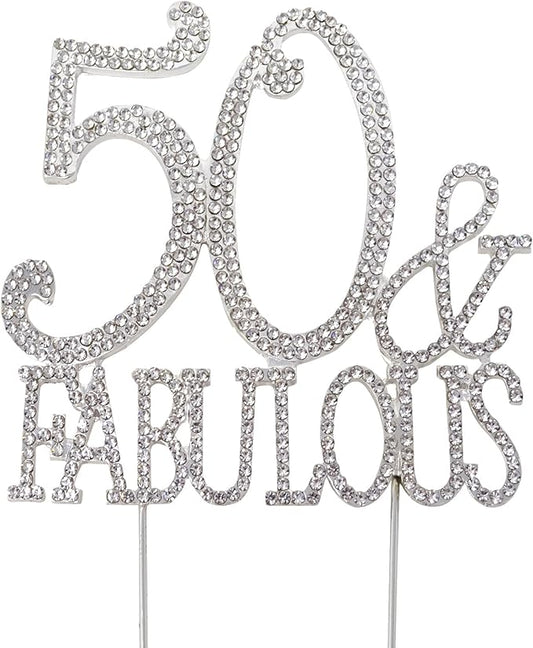 Honbay 50 & Fabulous Birthday Cake Topper Sparkly Bling Alloy Crystal Rhinestones Cake Topper Cake Decoration for 50th Birthday or Anniversary Party