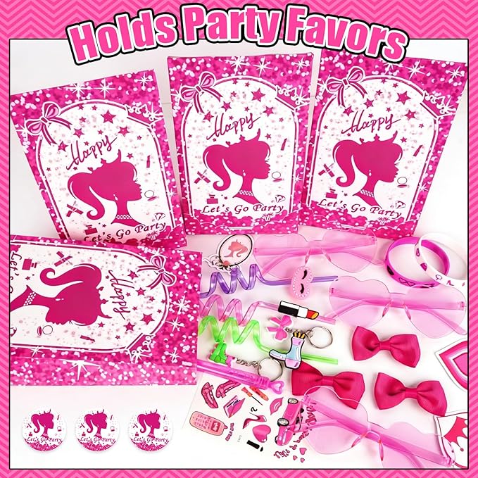 We1stdsee 24 Pack Pink Girl-Themed Party Goodie Bags with Sealing Stickers, Candy Treat Party Favor Bags for Kids Girls Birthday Party Decorations Supplies