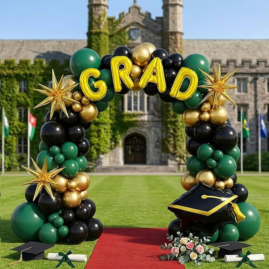 2026 Graduation Party Decorations Green Black Gold Balloons Garland Arch Kit 130pcs-Congrats Grad Golden Letter Balloons for 2026 Prom Party Supplies