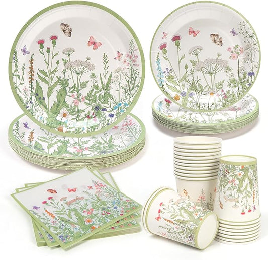 80pcs Wildflower Party Plates Disposable Tableware Set Green Paper Plates for 20 Guests Kids Party Spring Summer Picnic Wedding Tea Party Table Supplies (Include Plates, Cups and Napkins)
