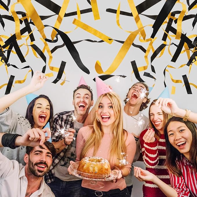 12" Black and Gold Streamers for Birthday Graduation Wedding New Year Celebrations - Easy to Use, Biodegradable Confetti - Pack of 4