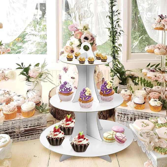 Soleebee 3-Tier Round Cupcake Stand, Cardboard Cupcake Tower, Dessert Cup Cake Stand Tower for Birthday Wedding Party Decoration, Cupcake Tier Stand 2 Set (White)