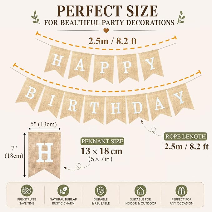 Uniwish Happy Birthday Burlap Banner Neutral Happy Birthday Party Decorations Boho Rustic Bunting Sign Swallowtail Flags, 2 in 1