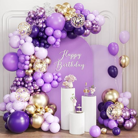 Purple and Gold balloon Arch Kit, 167Pcs Dark Light Metallic Lavender Purple Gold Chrome and Confetti Balloon for Women Girl Princess Birthday, Wedding Graduation Birthday Party Decorations