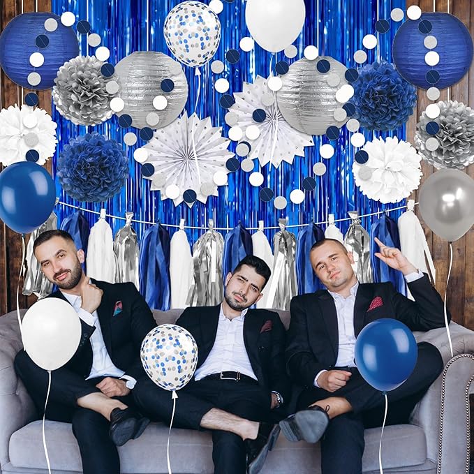 Navy Blue White Silver Party Decorations,46pcs Kit Balloon Paper Pompom Tassel Garland Men Blue and Silver Graduation Decorations Wedding Baby Bridal Shower Birthday Decor