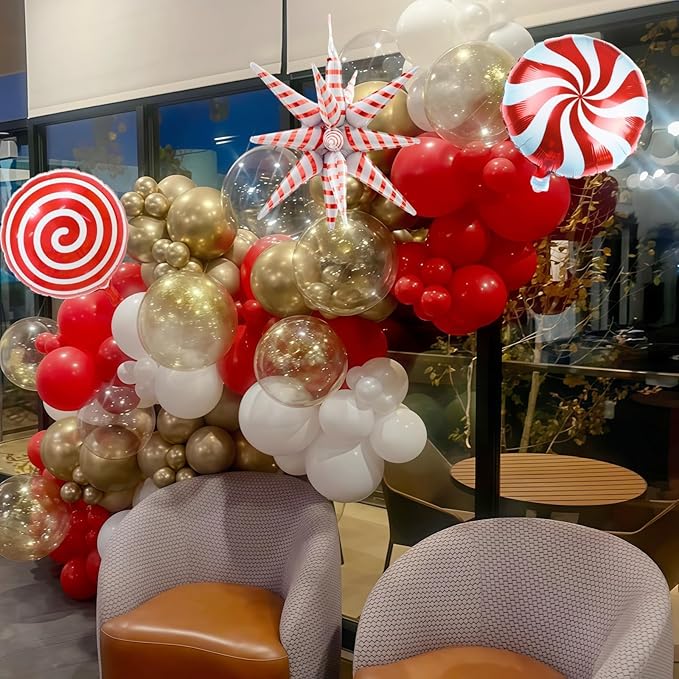 Red and Gold Christmas Balloon Set, 12 Inch Matte Red Metallic Gold Confetti White Latex Balloons with Exploding Star Candy Swirl Lollipop Foil Balloon for Xmas Birthday Baby Shower Party Decorations
