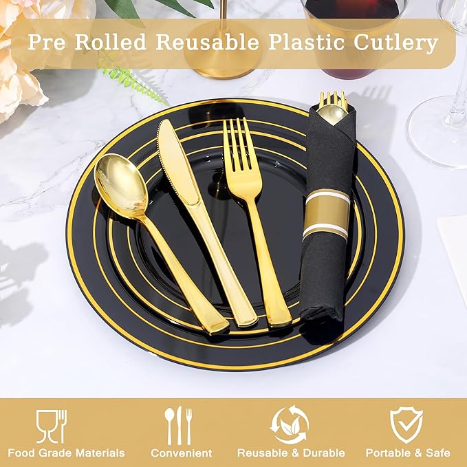 50 Pack Pre Rolled Gold Plastic Silverware Set,Wrapped Plastic Cutlery Set with Napkin Include 50 Forks,50 Spoons,50 Knives and 50 Black Napkins for Party, Wedding,Christmas