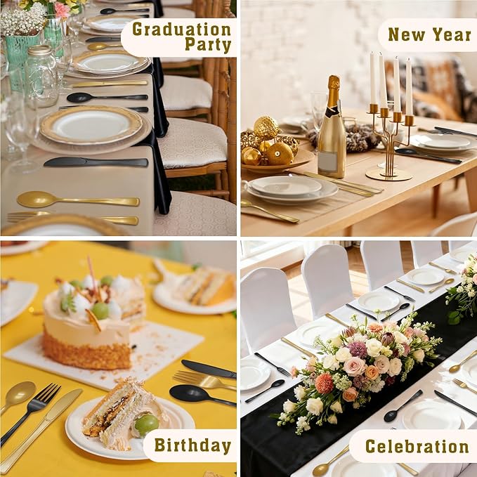 150 PCS Black and Gold Plastic Silverware Heavy Duty Black and Gold Plastic Cutlery Tableware Sets Includes Spoons Forks Knives for Birthday, 2026 Graduation Party
