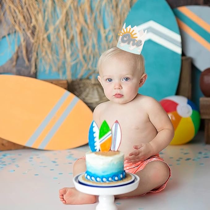 Summer 1st Birthday Decorations - Wave One Birthday Crown,Baby Beach Surfing Party Crown,The Big One Wave Cake Smash Photo Props,Summer Sun First Birthday Hat Outfit