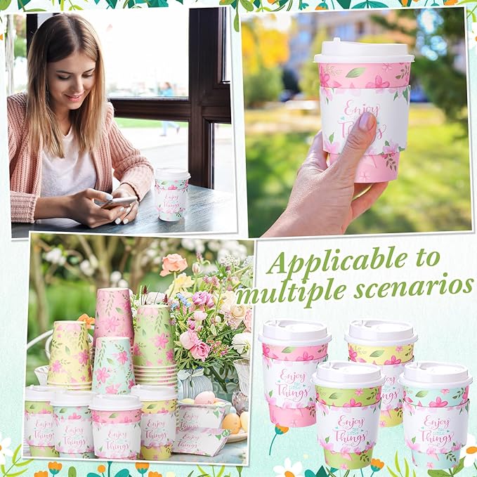 LemonRoad 48 Sets 12 oz Floral Paper Disposable Coffee Cups with Lid, Sleeves, 4 Color Spring Cute Flower Designs Cups Party Supplies for Tea Hot Drink Cold Beverage Cocoa(Colorful Flower)