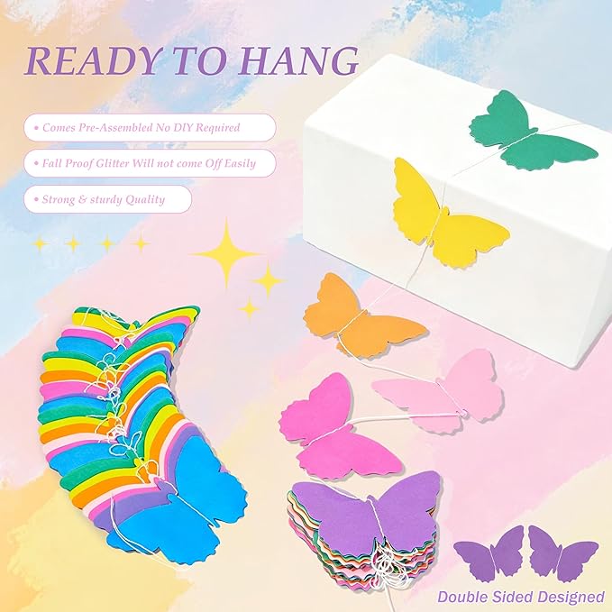 42FT Colorful Rainbow Butterfly Garland, Paper Hanging Butterfly Streamers, Colorful Hanging Decorations for Birthday, Wedding, Baby Shower, Classroom, Graduation Party Supplies