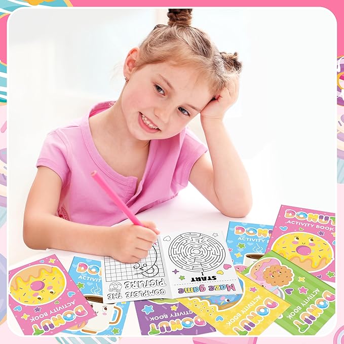 Donut Activity Books for Kids - 24Pcs Cute Doughnut Mini Game Coloring Booklet Bulk Maze Word Scramble Word Search Games for Birthday School DIY Activity Supplies Classroom Reward Goodies Bag Stuffer