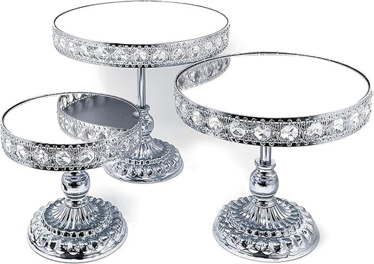 allgala HD89209 3 Piece Set Crystal Silver Chrome Plated Cheese Dessert Cupcake Cake Stand with Mirror Plate (Silver Round with Bases)