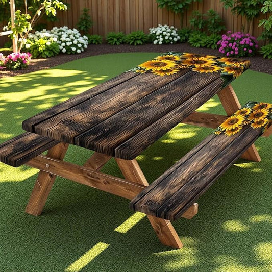 Picnic Table Cover with Bench Covers Wood Sunflower Elastic Outdoor Tablecloth Camping Essentials Waterproof Windproof Camping Tablecloth with Drawstring Bag, Fitted Rectangle Tables Seats 60X30in