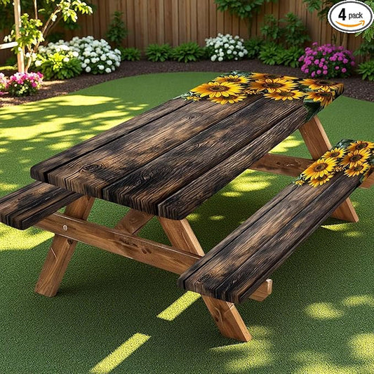Picnic Table Cover with Bench Covers Wood Sunflower Elastic Outdoor Tablecloth Camping Essentials Waterproof Windproof Camping Tablecloth with Drawstring Bag, Fitted Rectangle Tables Seats 72X30in