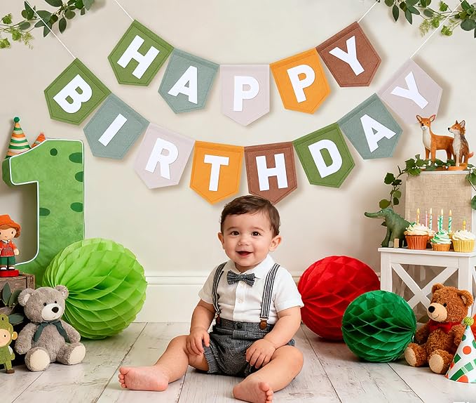 Felt Green Happy Birthday Banner Birthday Decorations for Women Girls Boys Men Pets Handmade Party Backdrop
