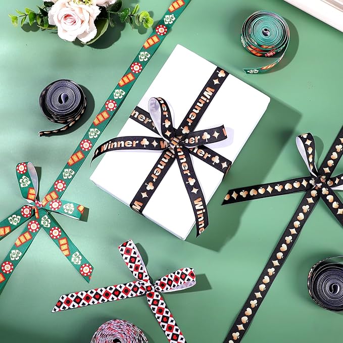 4 Roll Playing Card Ribbon Set, Casino Theme Grosgrain Ribbons, 5/8" x 20Yard Casino Cards Ribbon, Black and Red Decorative Ribbons for Gift Wrapping DIY Poker Theme Birthday Party (Casino Theme)