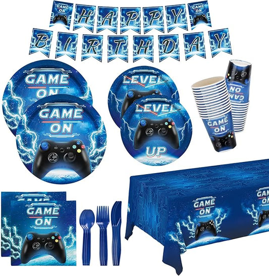 Video Game Party Supplies Kit Serve 25,Includes Dinner Plates,Dessert Plates,Napkins,Cups,Cutlery,Tablecloth,Banner for Gamer Birthday Party Decorations for Boys Adults.