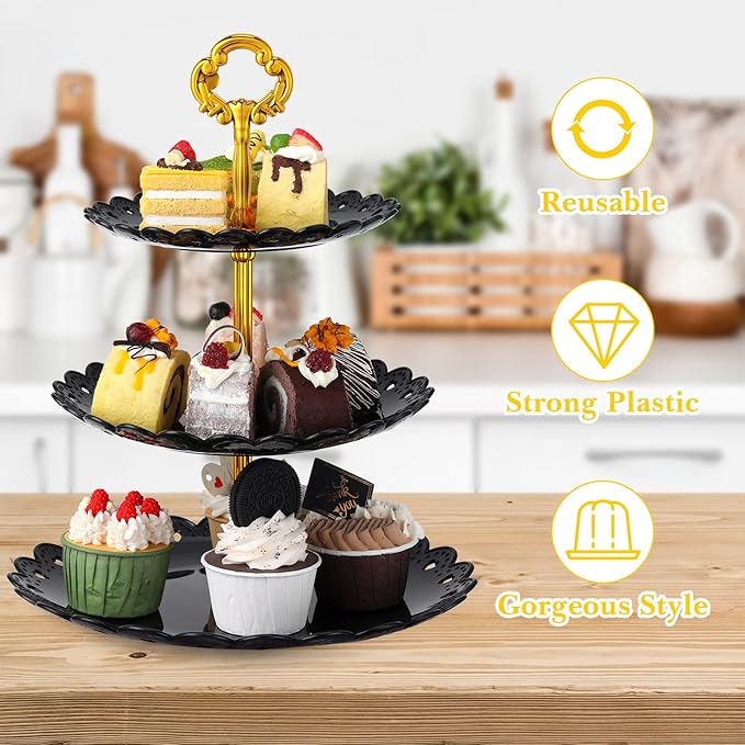 8 Pieces 3 Tier Plastic Cupcake Black Pastry Stand Cake Fruit Candy Dessert Table Display Set Tiered Serving Tray Round and Square Cup Cake Tier Stand for Wedding Birthday Tea Party Decoration