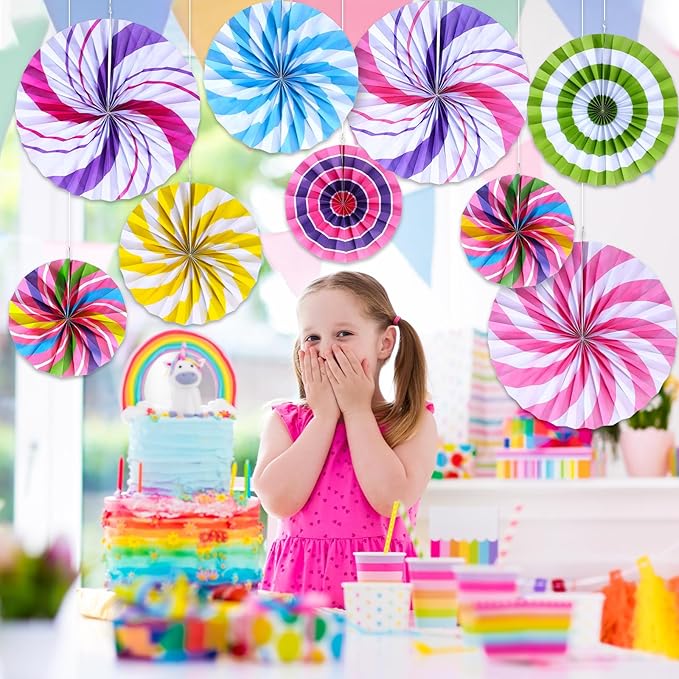 Outus Hanging Paper Fans Decorations Candy Party Classroom Decoration Colorful Peppermint Candy Paper Fan Ceiling Wall Garland for Candyland Themed Birthday Party Supplies(9 Pcs,Classic)