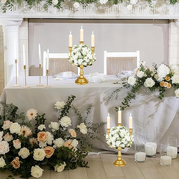 8 Pcs Gold Candelabra 12 Inch 3 Arm Metal Candle Stand Wedding Candlestick Holder for Table Centerpieces Wedding Birthday Holiday Theme Party
