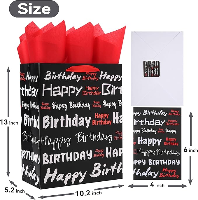 wishinside 13" Large Black Gift Bag Set with Greeting Card and Tissue Papers (White & Red Happy Birthday) for Men's or Women's, Boys, Girls or Kids Party, Baby