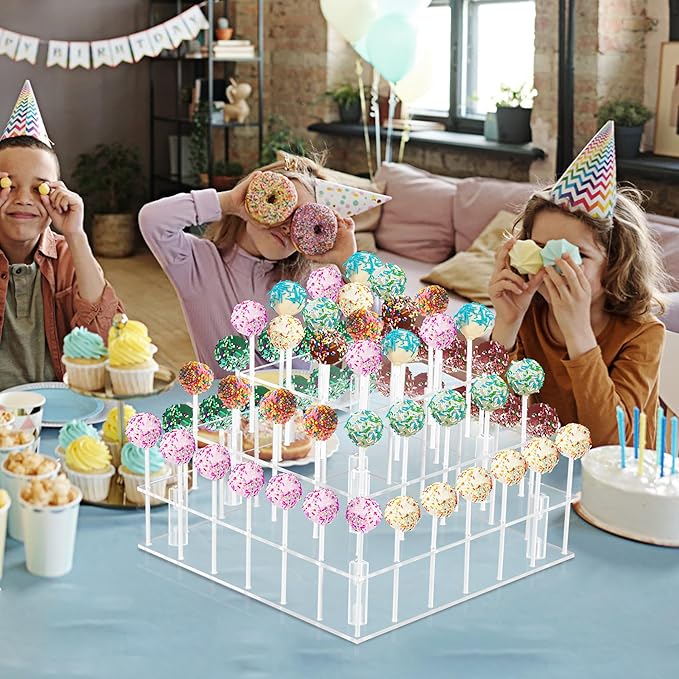 Cake Pop Stand, 3 Tier Square Lollipop Holder with 300 Pcs Accessories, Clear Acrylic Cakepop Display Stand 56 Holes for Birthday, Wedding, Party, Halloween, Christmas Candy Decorative
