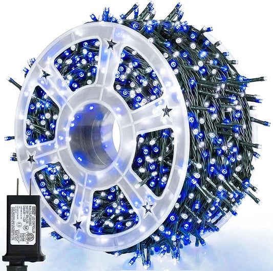 Wellisnow 164ft 500 LED Blue White Christmas Lights, 8 Lighting Modes Waterproof Christmas Lights Outdoor Plug in for Christmas Tree Yard Wedding Decorations(164FT,Blue&White)