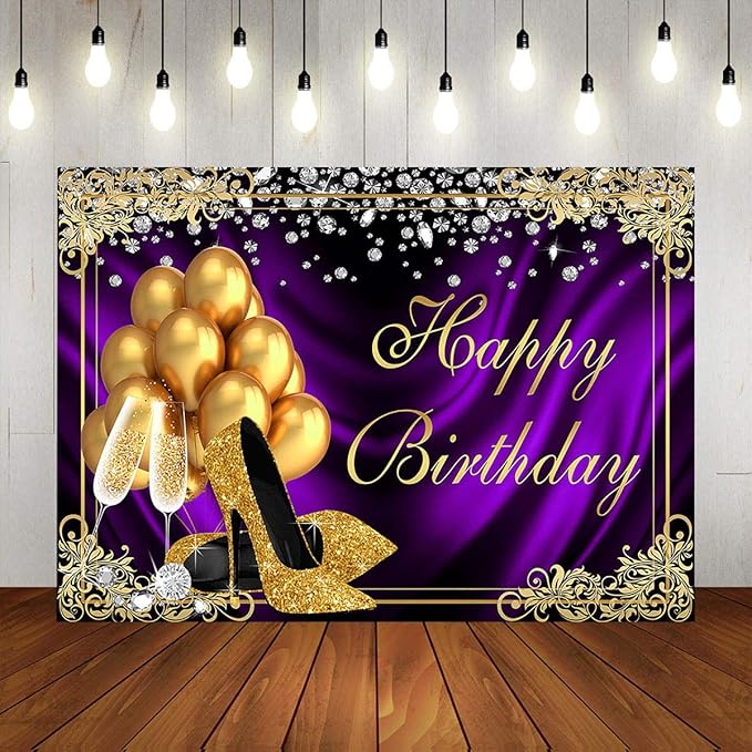 Mocsicka Royal Purple Birthday Backdrop Shiny Diamond Gold Heels Champagne Photography Background Vinyl Adults Women Happy Birthday Golden Frame Party Decorations Supplies Photo Props (7x5ft)
