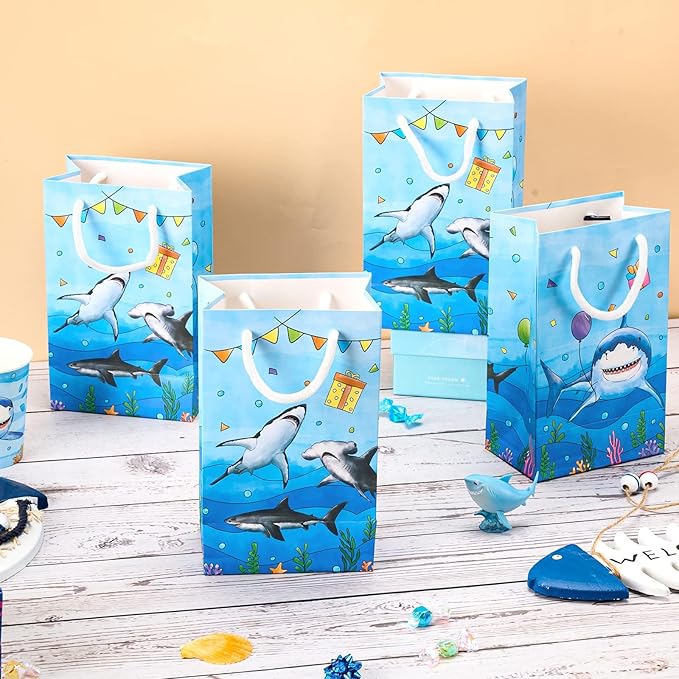 WERNNSAI 16Pcs Shark Party Favor Bags - Blue Shark Birthday Party Gift Bags for Kids Boys Under The Sea Birthday Decorations Shark Goodie Bags with Handle for Baby Shower Ocean Sea Party Supplies